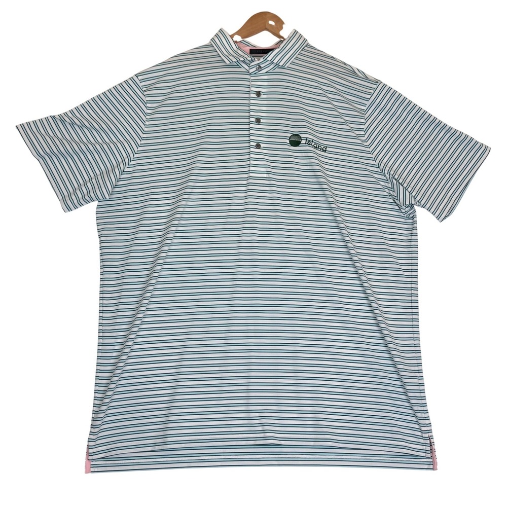GREYSON Striped Green/Blue Manistee Golf Polo Sea Island Logo Performance Sz XXL